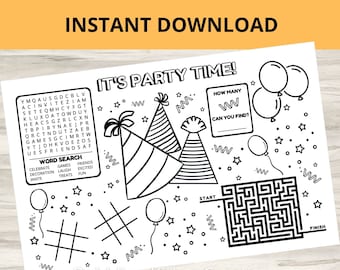Kids Party Placemat | Printable Kids Party Activity Favor | Instant Download PDF