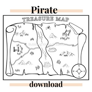 Feuille de coloriage de la carte au trésor des pirates pour enfants | Faveur d'activité de fête de pirate | PDF et JPG imprimables