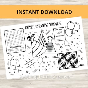 Kids Party Placemat | Printable Kids Party Activity Favor | Instant Download PDF