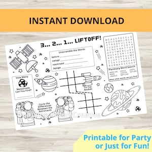 May include: A black and white printable activity sheet with a space theme. The sheet includes a word search, a word scramble, a tic-tac-toe game, and a count-the-objects activity. The sheet also features illustrations of astronauts, rockets, planets, and stars.