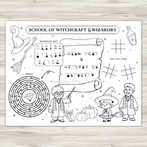May include: Black and white printable activity sheet with a witch and wizard theme. The sheet includes a maze, a noughts and crosses game, and a message key. The message key uses symbols to represent letters. The text on the sheet reads "School of Witchcraft & Wizardry".