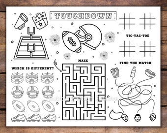 May include: A black and white printable activity sheet with a football theme. The sheet includes a maze, tic-tac-toe game, find the match game, and a "which is different" game. The sheet also includes the words "Touchdown" and "Maze".