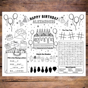 Personalized Kids Birthday Party Activity Sheet | Birthday Party Coloring Placemat