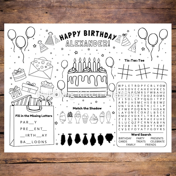 Personalized Kids Birthday Party Activity Sheet Birthday | Etsy