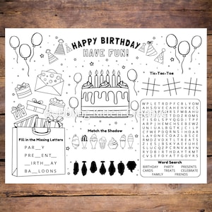 Kids Birthday Party Placemat Activity Sheet | Birthday Favor Printable for Kids Party