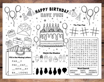 Kids Birthday Party Placemat Activity Sheet | Birthday Favor Printable for Kids Party