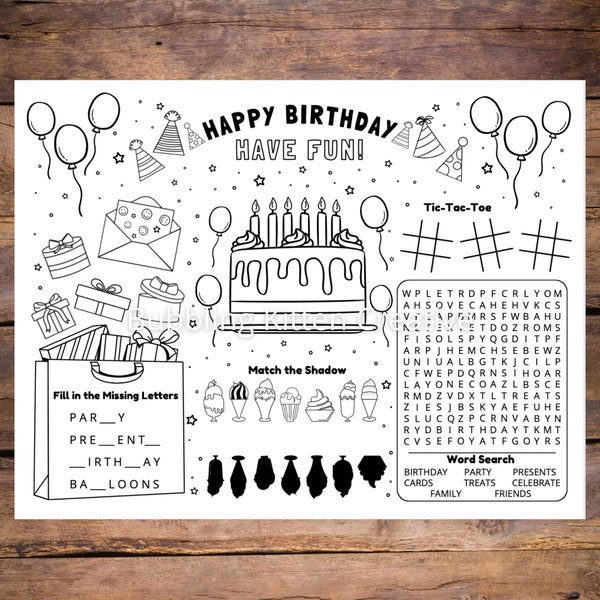Kids Birthday Party Placemat Activity Sheet | Birthday Favor Printable for Kids Party