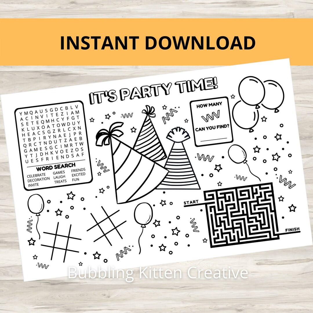 Kids Party Placemat | Printable Kids Party Activity Favor | Instant ...