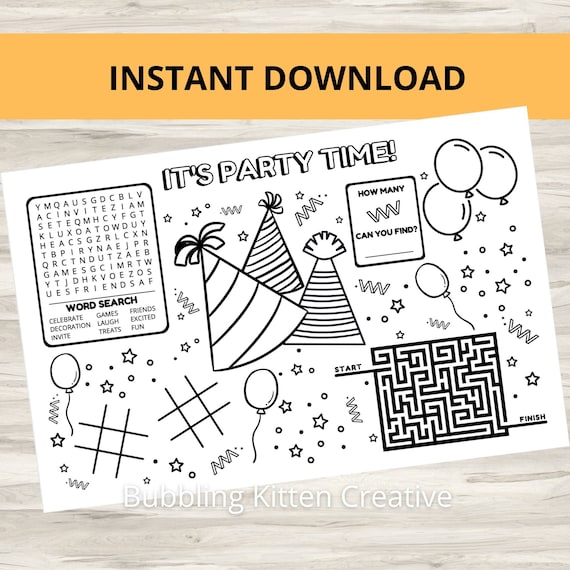 Kids Party Placemat Printable Kids Party Activity Favor Etsy