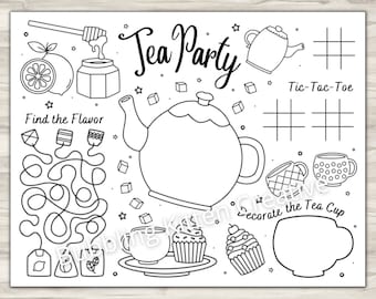 Kids Tea Party Activity & Coloring Sheet | Tea Party Printable Party Decoration