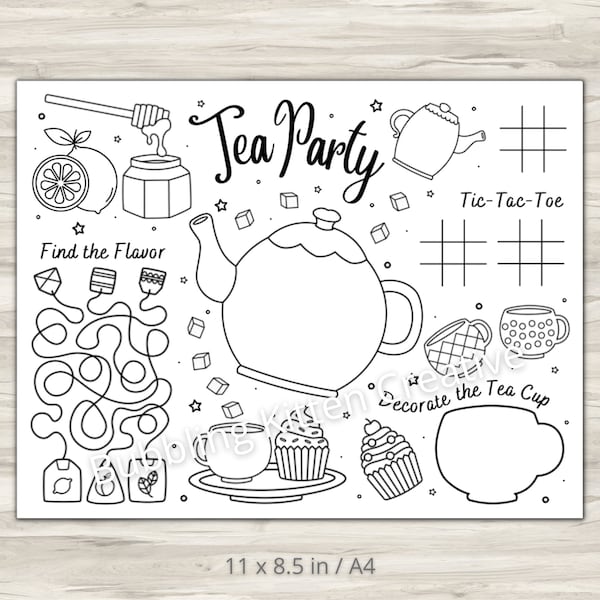 Kids Tea Party Activity & Coloring Sheet | Tea Party Printable Party Decoration