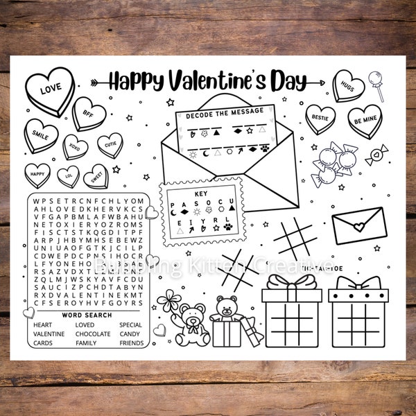 Valentine's Day Party Placemat Activity & Coloring Sheet | V-Day Printable Kids Party Favor