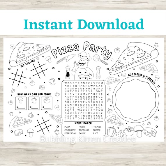Kids Pizza Party Placemat Activity & Coloring Sheet | Printable Kids Party Favor | Instant Download
