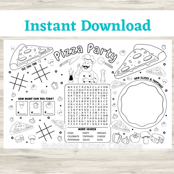 Kids Pizza Party Placemat Activity & Coloring Sheet | Printable Kids Party Favor | Instant Download