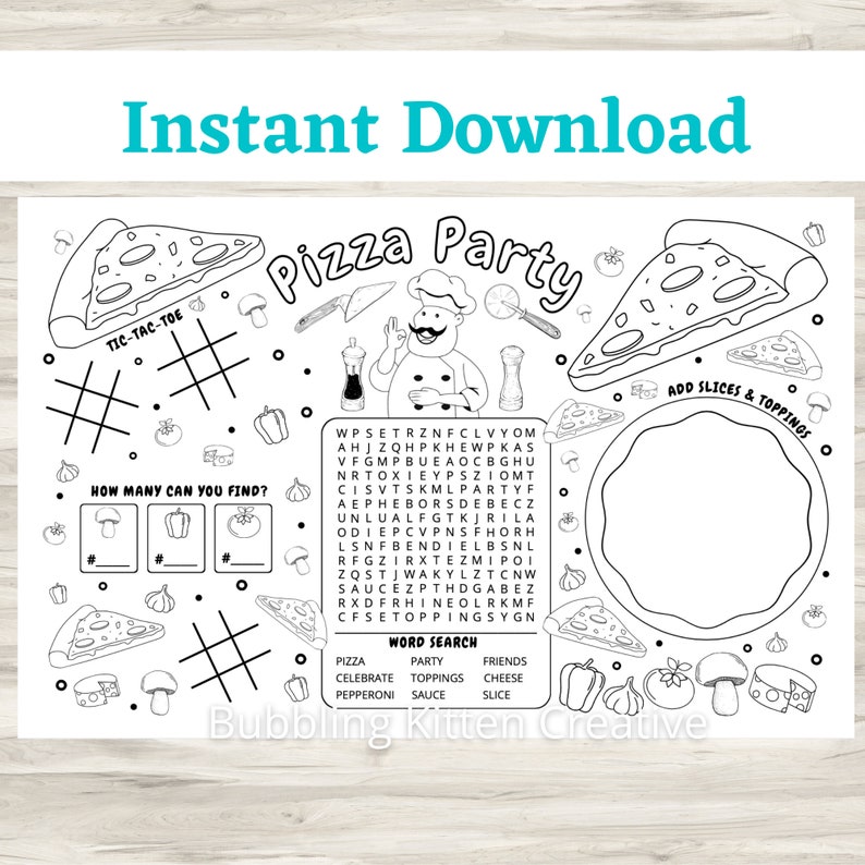 Puede incluir: Una hoja de actividades de fiesta de pizza imprimible en blanco y negro con un crucigrama de palabras, un juego de tres en raya y un juego de "&iquest;cu&aacute;ntos puedes encontrar?" El crucigrama de palabras incluye palabras como "pizza", "fiesta", "amigos", "celebrar", "ingredientes", "queso", "pepperoni" y "salsa".