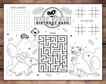 Peut inclure: Feuille d'activités imprimable en noir et blanc sur le thème des dinosaures. La feuille comprend un labyrinthe, un jeu de tic-tac-toe, un jeu de points à relier et une page à colorier de dinosaures. Le texte sur la feuille est "Dino World Birthday Bash".