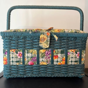 MCM Sewing Craft Basket | Store Sewing, Knitting, Nail Art, Crafts and More! | Interior Pocket with Pin Cushion | Floral and Weave