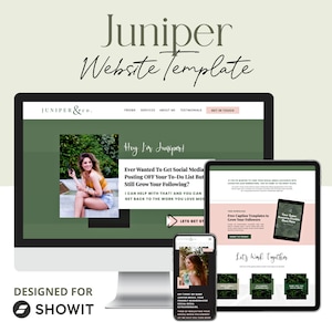 May include: A website template for Showit, featuring a green and white color scheme. The website is designed for social media managers and includes a call to action to "Get in Touch".