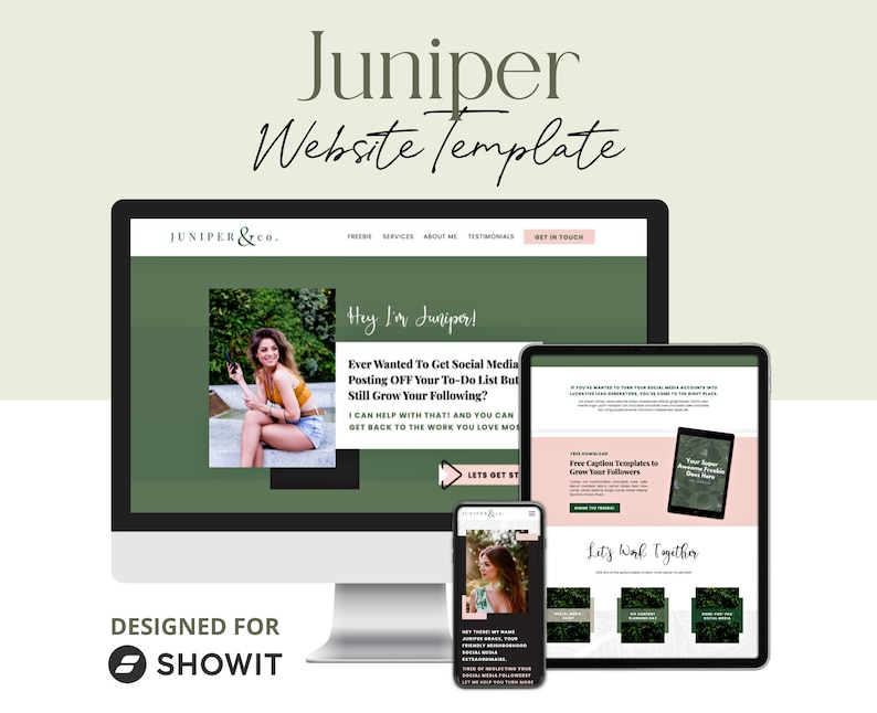 May include: A website template for Showit, featuring a green and white colour scheme. The website is designed for social media managers and includes a call to action to "Get in Touch".