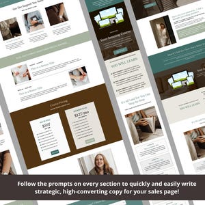 Op de afbeelding: Een lay-out van een digitale marketingverkooppagina met een bruin, wit en groen kleurenschema. De pagina bevat secties voor cursusprijzen, getuigenissen en een "U Zult Leren"-sectie. De tekst "Volg de aanwijzingen in elke sectie om snel en gemakkelijk strategische, conversiegerichte tekst voor uw verkooppagina te schrijven!" is zichtbaar.