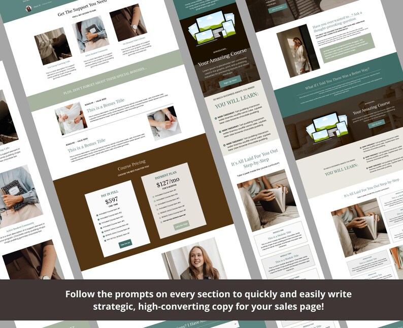 Op de afbeelding: Een lay-out van een digitale marketingverkooppagina met een bruin, wit en groen kleurenschema. De pagina bevat secties voor cursusprijzen, getuigenissen en een "U Zult Leren"-sectie. De tekst "Volg de aanwijzingen in elke sectie om snel en gemakkelijk strategische, conversiegerichte tekst voor uw verkooppagina te schrijven!" is zichtbaar.