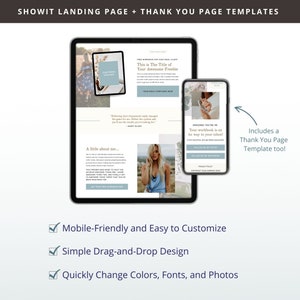 May include: A mockup of a landing page and thank you page template for a website. The landing page features a light blue background with a white text box that says "This is The Title of Your Awesome Freebie". The thank you page features a light blue background with a white text box that says "Amazing! You're in! Your workbook is on its way to your inbox!" The text is in a modern, sans-serif font. The landing page also includes a photo of a woman with long blonde hair. The thank you page includes a photo of a woman with long blonde hair. The landing page and thank you page are both mobile-friendly and easy to customize.