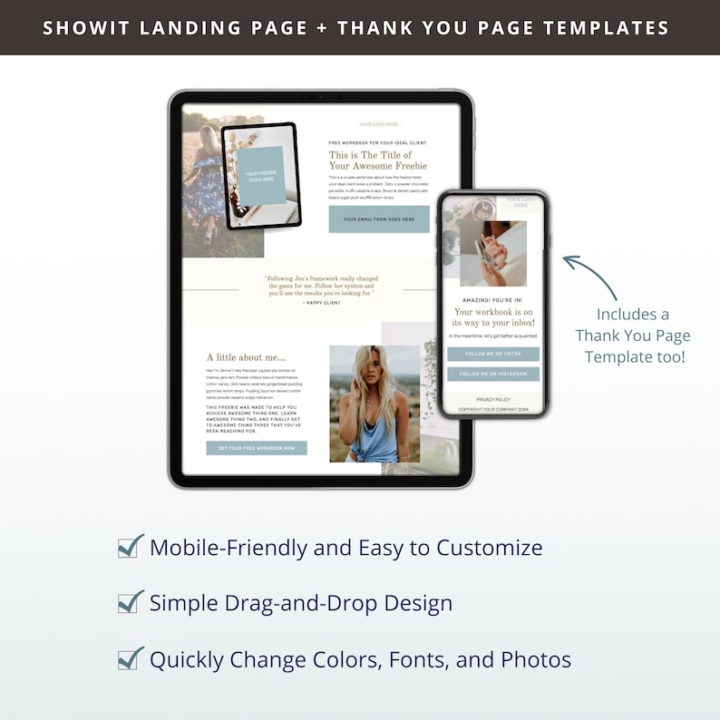 May include: A mockup of a landing page and thank you page template for a website. The landing page features a light blue background with a white text box that says "This is The Title of Your Awesome Freebie". The thank you page features a light blue background with a white text box that says "Amazing! You're in! Your workbook is on its way to your inbox!" The text is in a modern, sans-serif font. The landing page also includes a photo of a woman with long blonde hair. The thank you page includes a photo of a woman with long blonde hair. The landing page and thank you page are both mobile-friendly and easy to customize.
