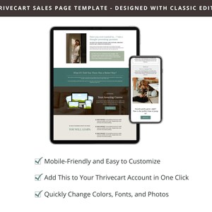 Op de afbeelding: Een digitale sjabloon voor een verkooppagina weergegeven op een tablet en smartphone. De sjabloon heeft een teal- en beige kleurenschema met de tekst "THRIVECART SALES PAGE TEMPLATE - DESIGNED WITH CLASSIC EDITOR." Extra tekst is "Mobile-Friendly and Easy to Customize."