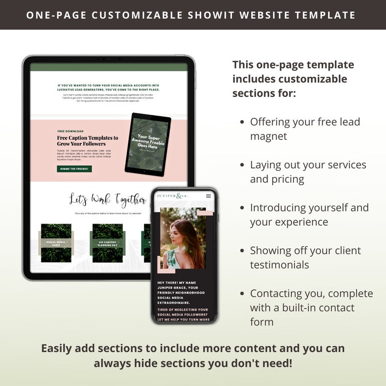 May include: A pink and white website template mockup with the text "One-Page Customizable Showit Website Template" at the top. The template includes sections for offering a free lead magnet, laying out services and pricing, introducing yourself and your experience, showing off client testimonials, and contacting you with a built-in contact form.