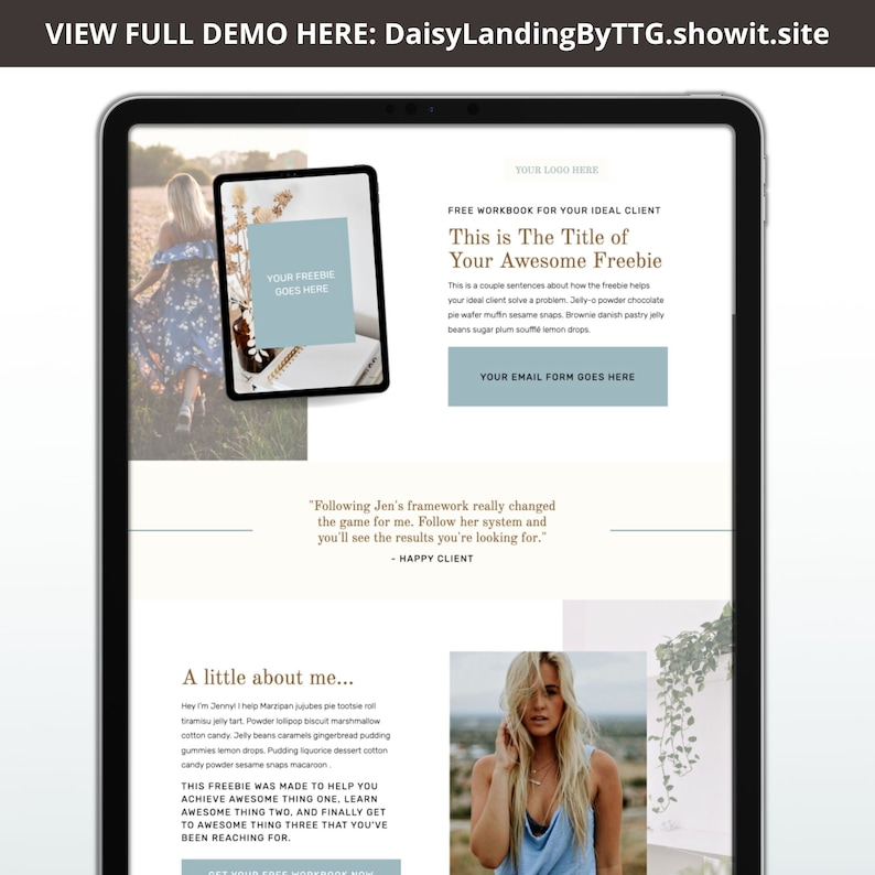 May include: A digital mockup of a website landing page with a freebie offer. The page features a light blue background with a white text box that says "This is The Title of Your Awesome Freebie". The text box is surrounded by a brown border. The page also features a testimonial from a happy client. The text says "Following Jen's framework really changed the game for me. Follow her system and you'll see the results you're looking for." The testimonial is surrounded by a brown border. The page also features a call to action that says "Get Your Free Workbook Now".