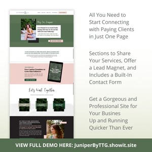 May include: A website mockup with a green and pink colour scheme. The text on the website reads "All You Need to Start Connecting with Paying Clients in Just One Page". The website also includes a section titled "Free Caption Templates to Grow Your Followers".