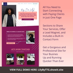 Może przedstawiać: R&oacute;żowa i biała strona docelowa witryny internetowej z tekstem "Hey I'm Lily!" i "I Help Busy Entrepreneurs Scale Their Business To Six Figures With Email Copy That Converts". Strona zawiera r&oacute;wnież przycisk wezwania do działania z napisem "Let's Get Started".