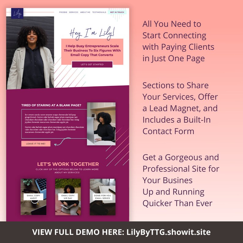 Może przedstawiać: R&oacute;żowa i biała strona docelowa witryny internetowej z tekstem "Hey I'm Lily!" i "I Help Busy Entrepreneurs Scale Their Business To Six Figures With Email Copy That Converts". Strona zawiera r&oacute;wnież przycisk wezwania do działania z napisem "Let's Get Started".