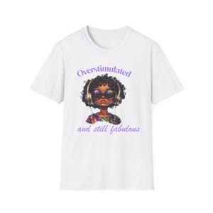 Glitter Sunglasses Chaos Unisex Softstyle T-Shirt, Messy Cartoon Character Design, Oversized Headphones, Sparkly Accessories, Fabulous Tee