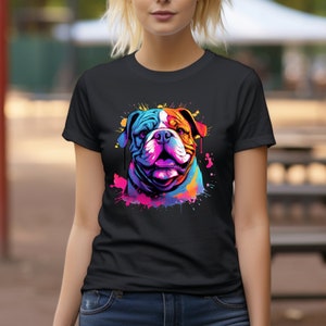 Maglietta Bulldog con schizzi al neon: maglietta grafica in stile anni &#39;80