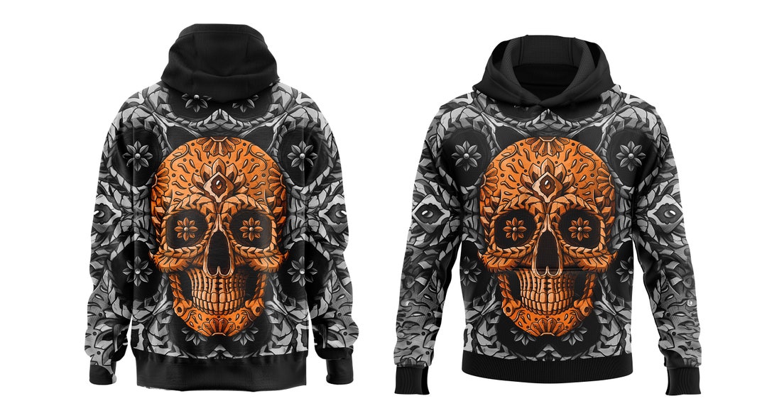 Blue And Red Floral Sugar Skull Men's Zip Up Hoodie