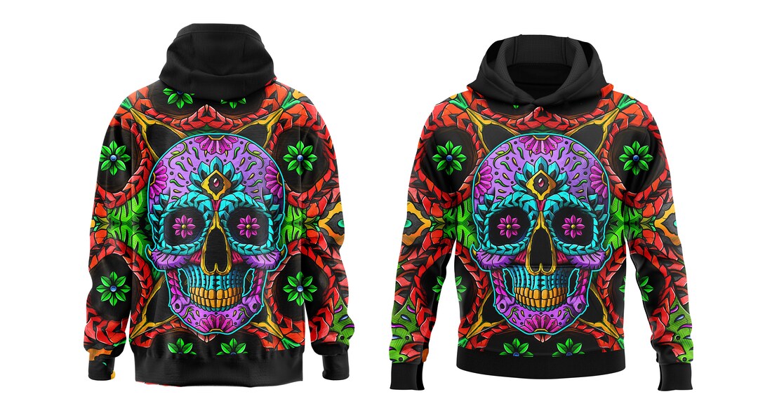 Sugar Skull Teal Pink and Red Green Skull Hoodie Etsy