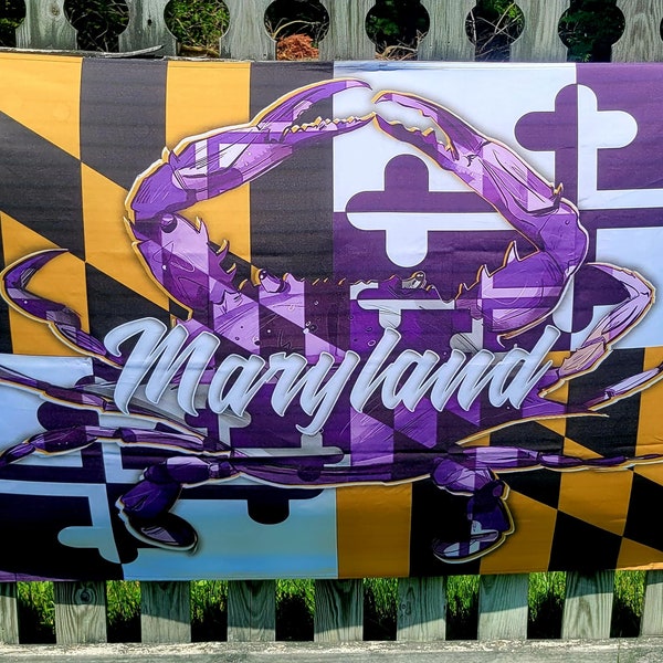 Ravens Inspired Purple Gold Maryland Flag 3x5 Double sided High Quality! Blue Crab with the words Maryland in the front we can do custom!