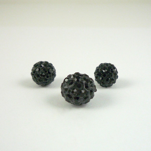 Jet Black Swarovski Crystal Pave Rhinestone Round Beads 10mm and 8mm Opaque Black Crystal Disco Ball Beads 3 Pieces Destash