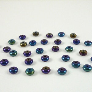 4mm Czech Glass Rondelle Beads Small Blue Iris Iridescent Czech Glass Disk Beads 33 Beads Destash Beads