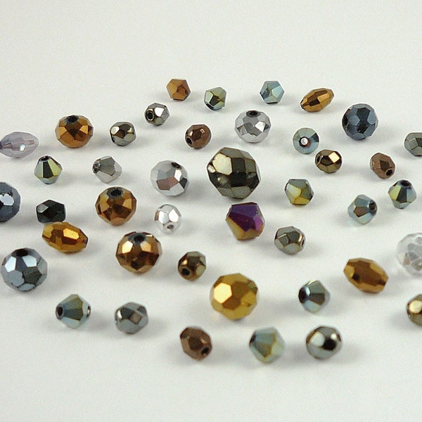 Crystal Bead Mix Metallic Colors Bronze Silver Blue Green Gray Crystal Bicone and Round Beads 46 Crystals Destash Beads