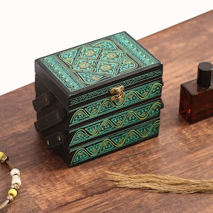 Organiseur de bijoux pliable, boîte à bijoux superposée avec 3 compartiments, boîte à bijoux en bois laqué artistique, boîte de rangement de bijoux, cadeaux uniques