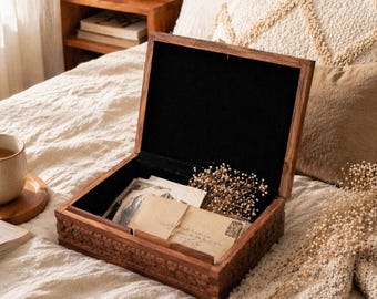 Large Wooden Memory Keepsake Box with Hidden Lock Hand carved Photo Storage Organizer for Her