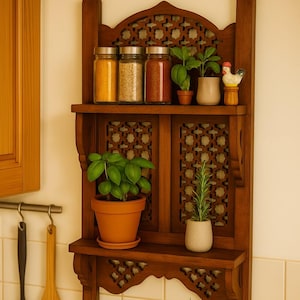 Peut inclure: Une étagère à épices en bois foncé à trois niveaux, contenant des pots en verre d'épices, de petites plantes en pot et un coq décoratif en céramique. L'étagère a un motif découpé décoratif.