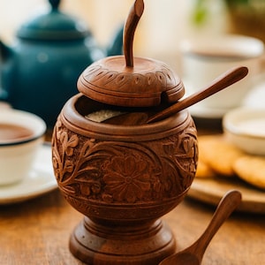 May include: A handcrafted wooden sugar bowl with a lid and spoon. The bowl is intricately carved with floral patterns and sits on a pedestal base. The spoon rests on the rim of the bowl. The color is a warm brown.