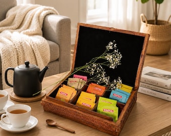 Handmade Wooden Tea Box 6 Slot Tea Bag Organizer Unique 5th or 7th Anniversary Gift for Husband or Wife
