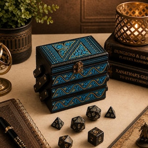 May include: A black wooden box with blue and gold decorative patterns, featuring a metal latch. Seven polyhedral dice with gold numbering are arranged in front. The box has a tiered, expandable design with visible hinges on the side panels.