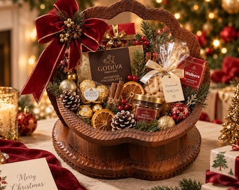 Treat Basket for Kids – Holiday Decor Gift for Christmas Handmade Wood Carving Foldable Basket with Handle