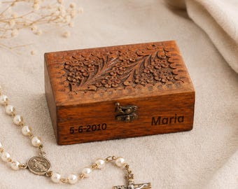 Custom Catholic Rosary Box, Hand Carved Wooden Keepsake for Baptism, First Communion & Confirmation Gift for Women