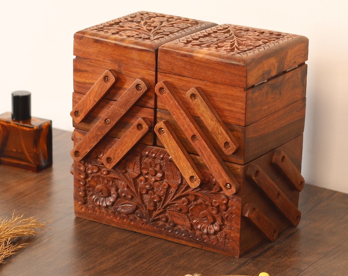 Foldable Jewelry Organizer with 7 Compartments, Engraved Wood Jewelry Box with Drawers and Mirror, Jewellery Storage Box Unique Gift